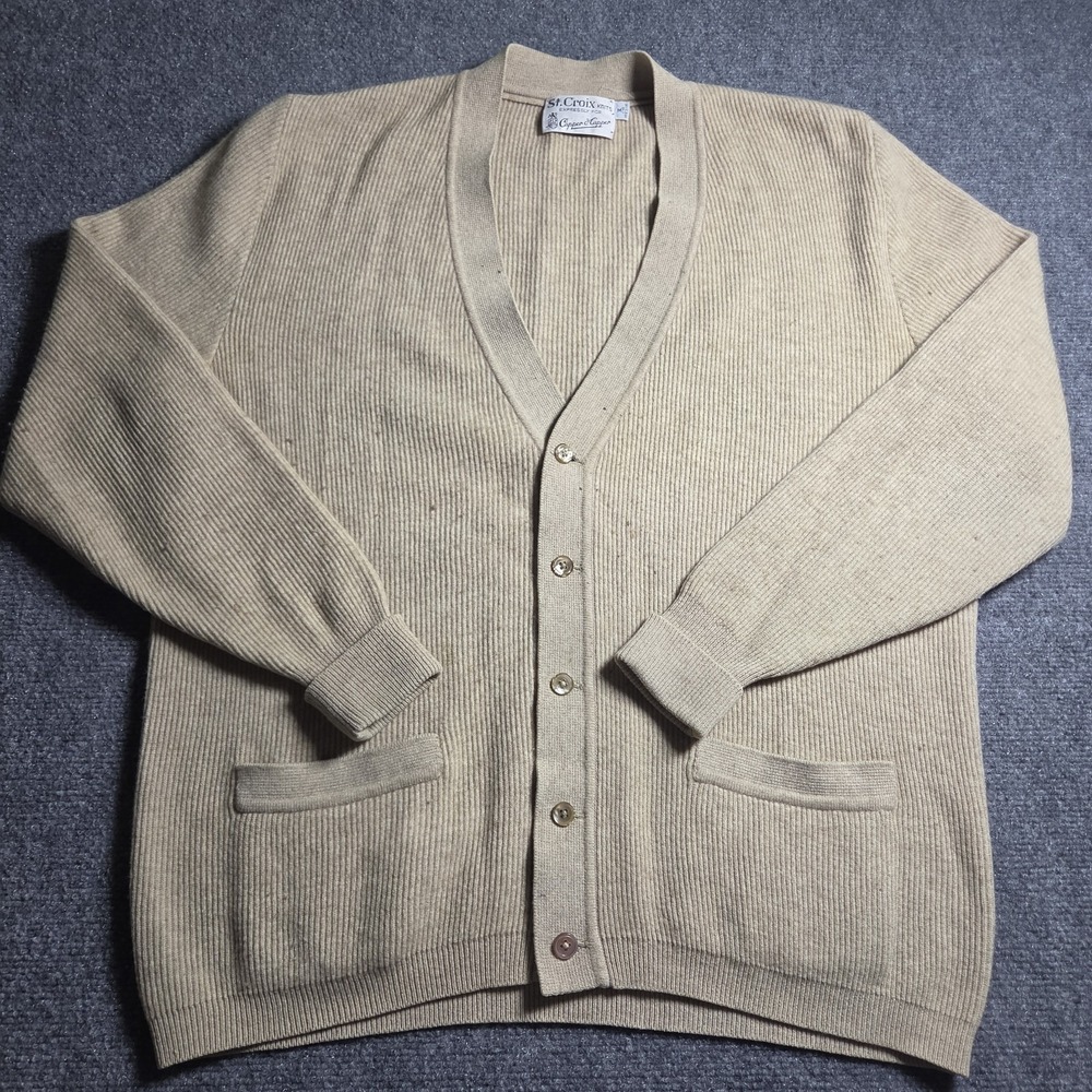 Vintage Mens St Croix Knits Cardigan Sweater Cashmere/Lambswool Blend Beige M